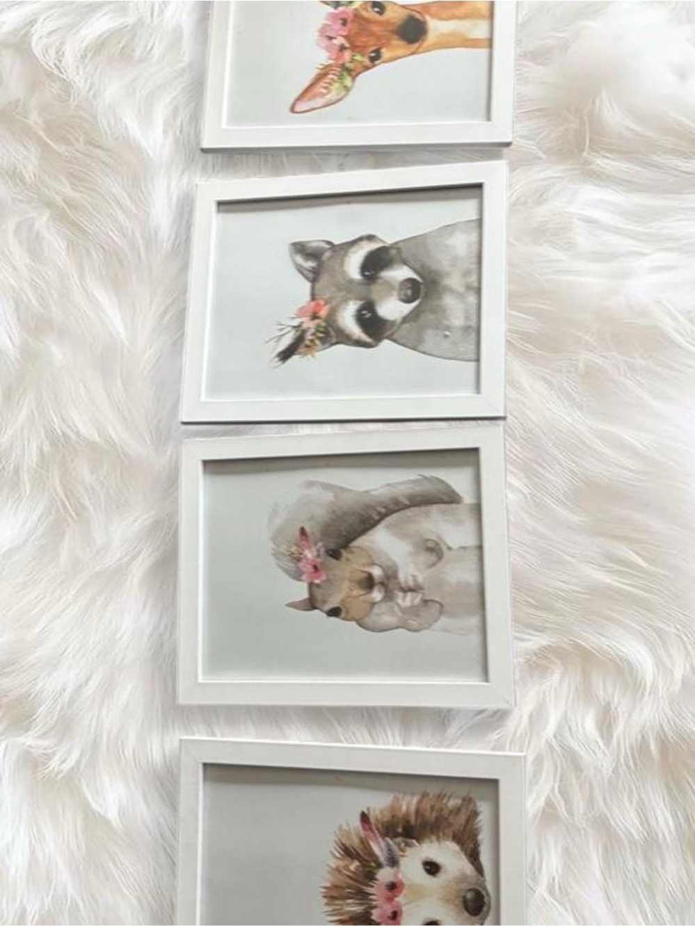 Set of 4 White Framed Nursery Animal Prints - Floral Accents